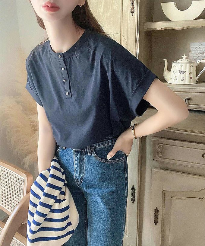 日本 Classical Elf - 前後2way優雅簡約法式袖上衣-深藍