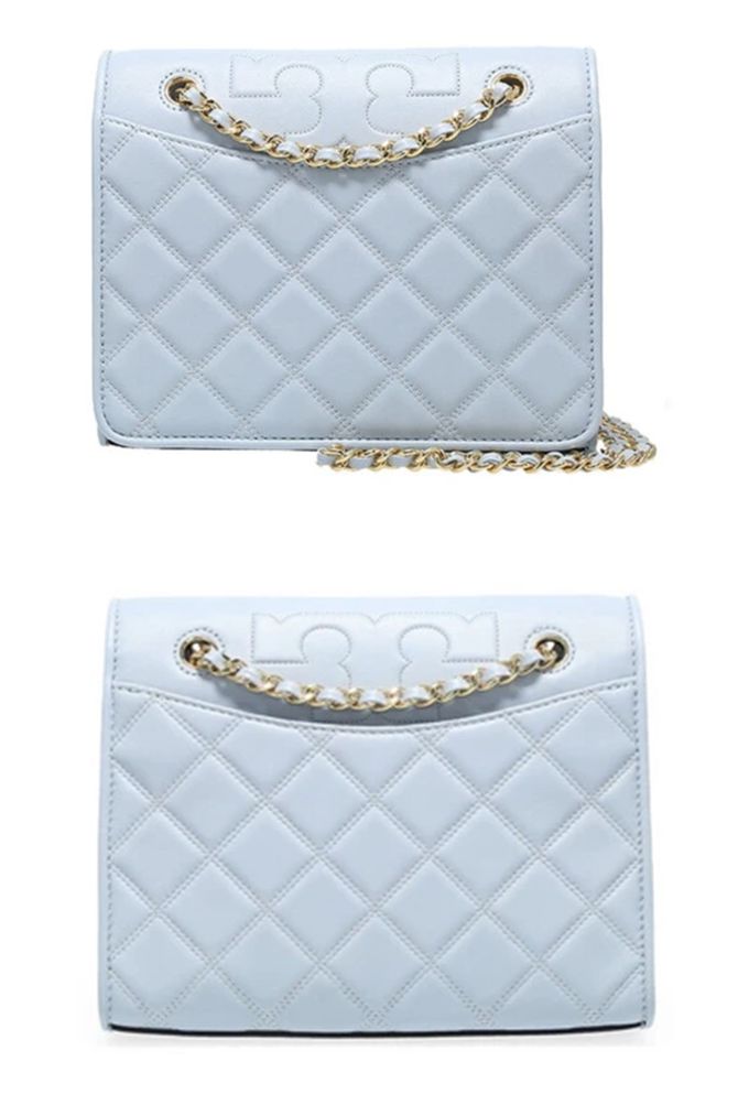 TORY BURCH - 菱格紋縫線皮革斜背鏈包 (淺藍)