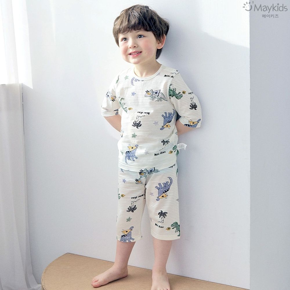 透氣條紋提花棉七分袖家居服-塗鴉恐龍超人-米