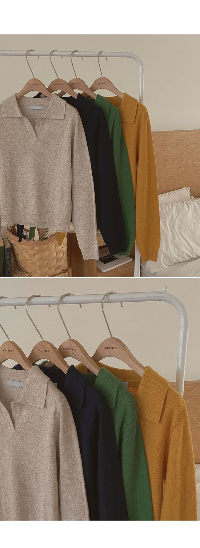 韓國女裝代購 - 小V翻領混羊毛長袖針織上衣-燕麥 (FREE)