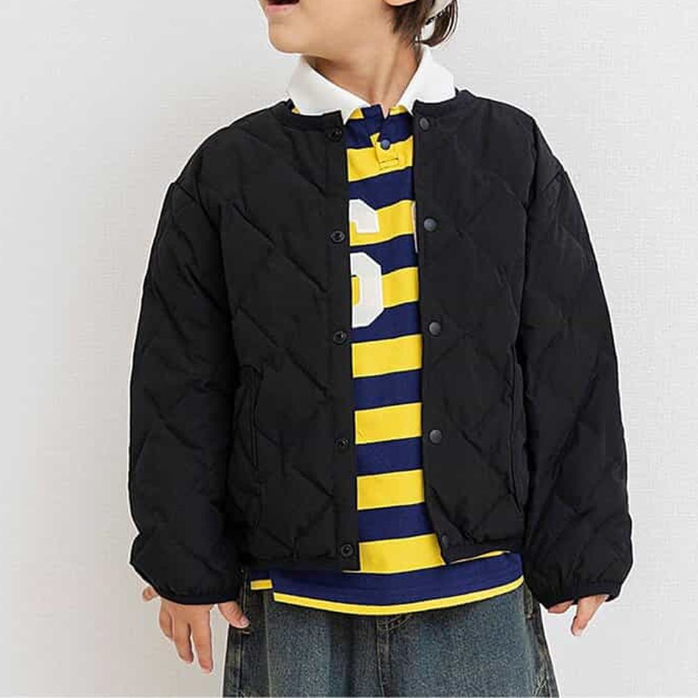 [可機洗]無領簡約絎縫保暖外套-黑