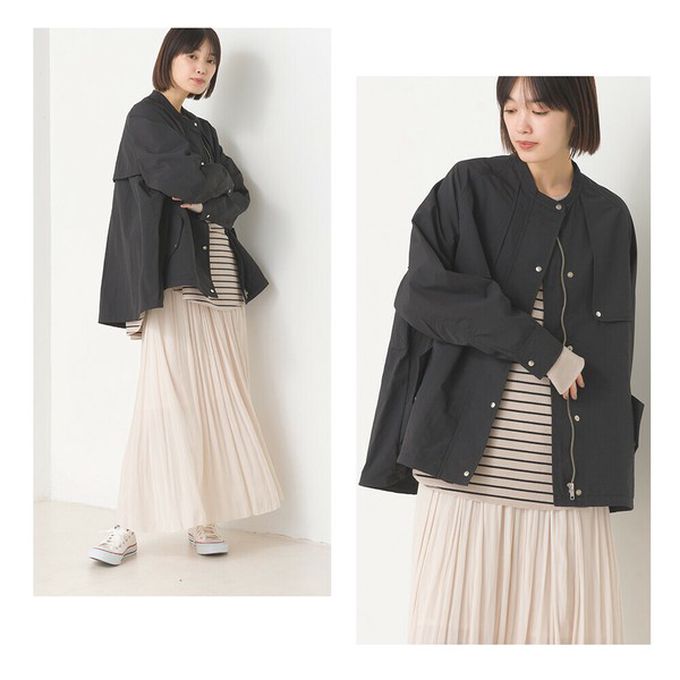 日本 OMNES - 潑水加工 輕量尼龍抽繩造型圓領外套-水藍