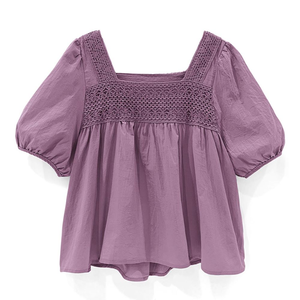 日本 GRL - 純棉編織方領短袖上衣-紫