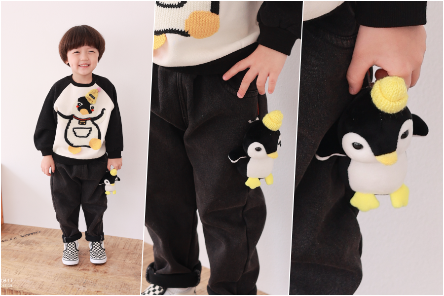 韓國 Coco rabbit - 鬆緊腰彈性牛仔長褲(附玩偶)-企鵝-黑