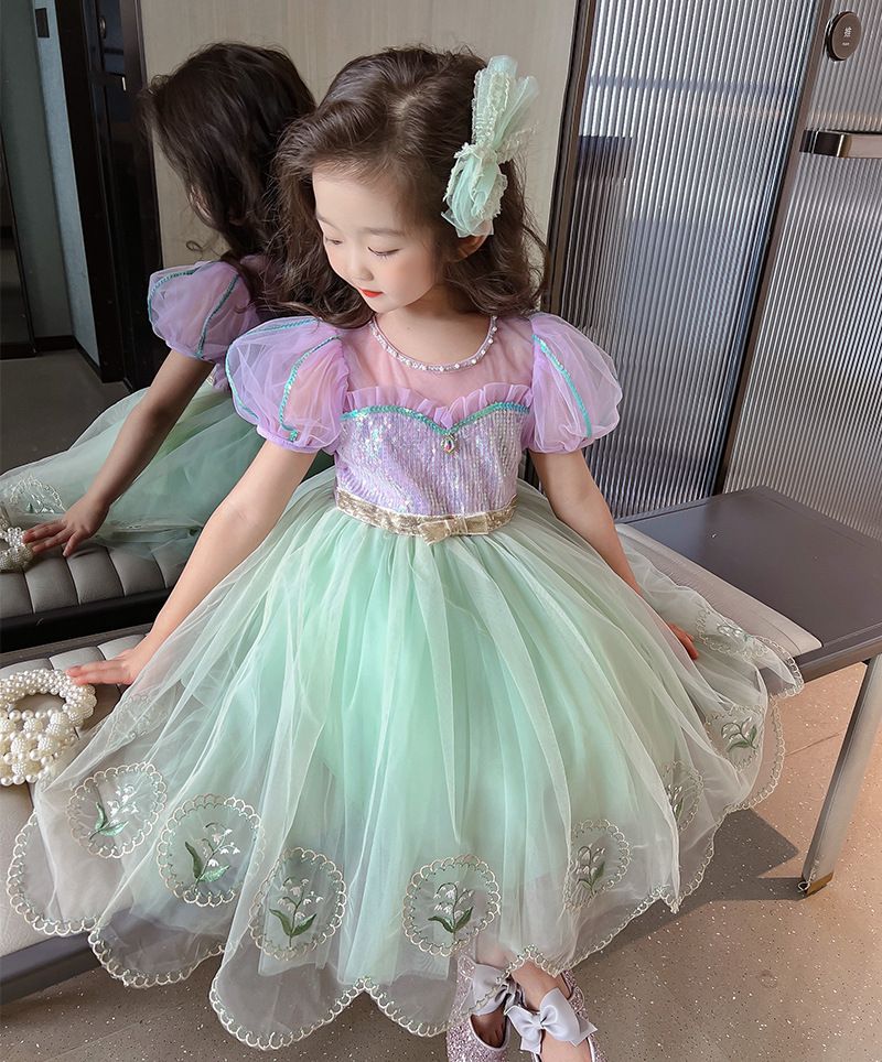 公主風亮晶晶短袖連身裙-美人魚配色-果綠+紫