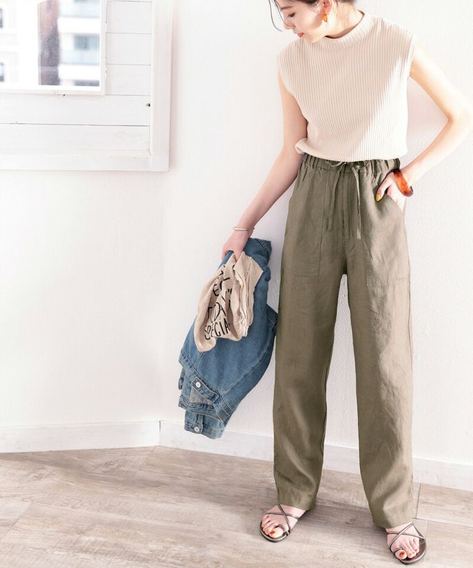 日本 Classical Elf - 100%亞麻透氣垂墜感抽繩寬褲-軍綠