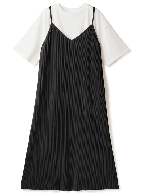 日本 GRL - 短袖上衣x楊柳細摺吊帶裙2件組-淺可可 (F)