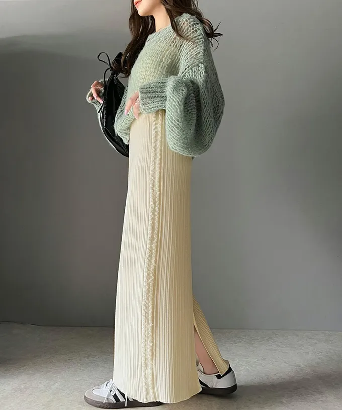 日本 Classical Elf - mily bilet 羅紋修身側流蘇針織長裙-卡其棕