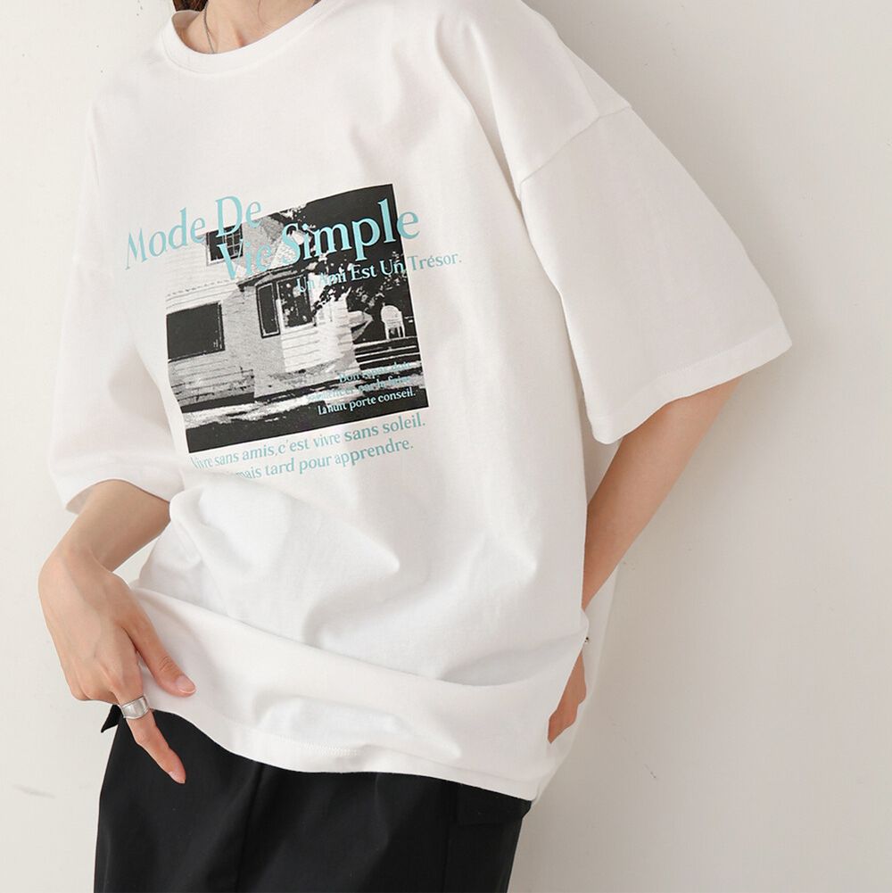 100%棉 極簡照片印花五分袖上衣-杏底綠字 (M)