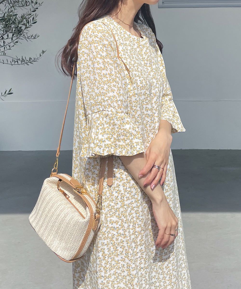 日本 Bab - 圓領碎花糖果袖洋裝-奶油白