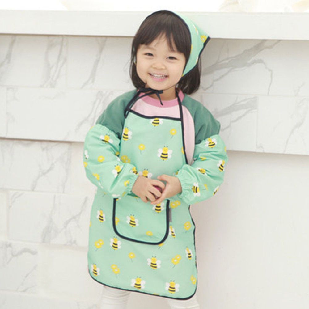 韓國 Bebe Chouette - 防水料理/美術圍裙3件組-可愛蜜蜂-(圍裙*1+袖套*2+頭巾*1)