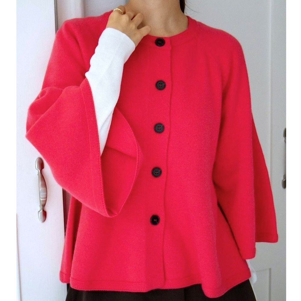 柔軟美麗諾羊毛針織飄逸袖外套-桃紅 (FREE)