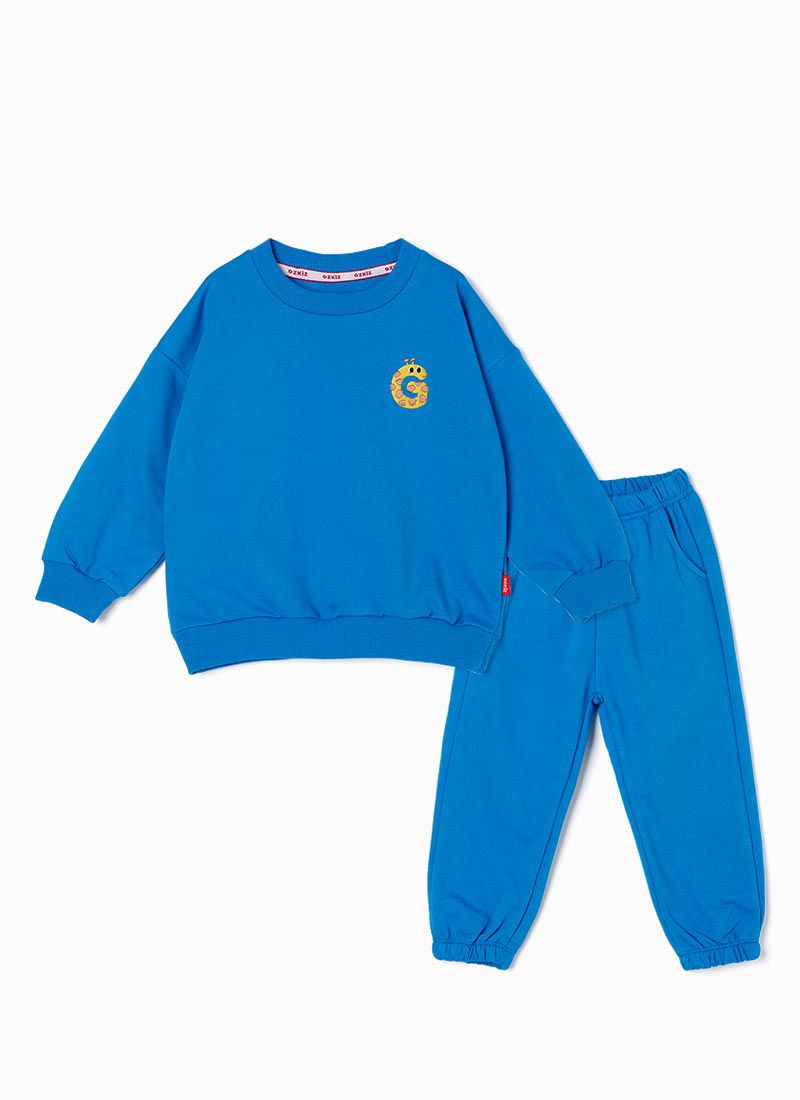 韓國 OZKIZ - 動物刺繡休閒長袖縮口套裝-長頸鹿-寶藍