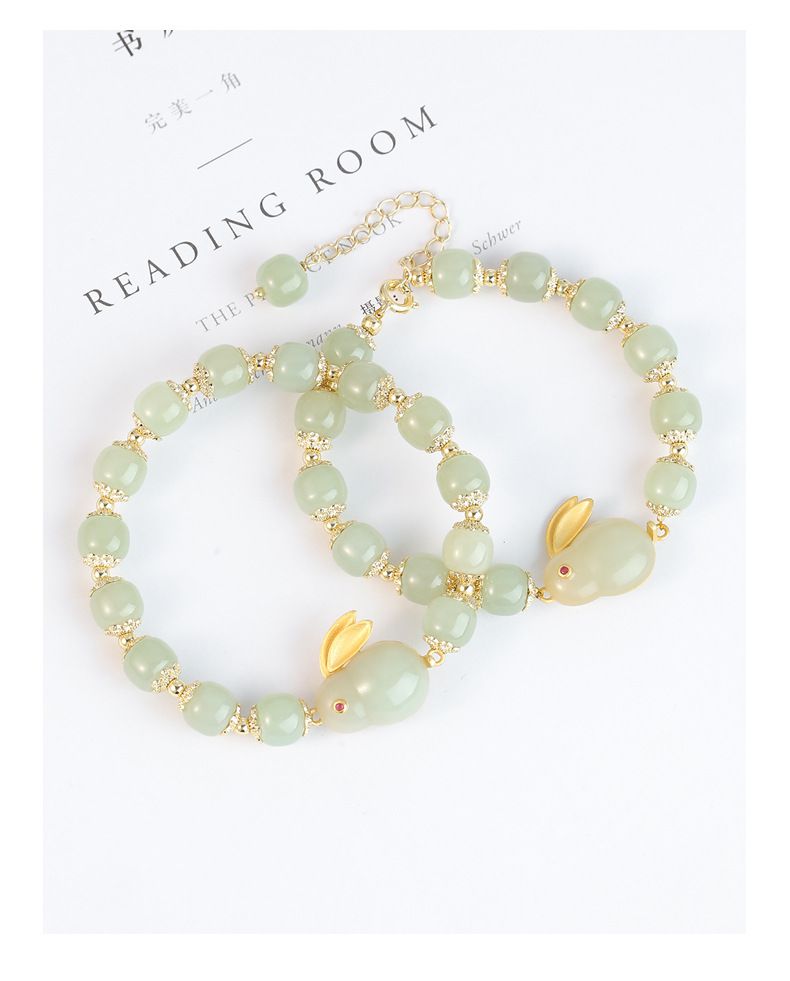 8mm和田玉玉兔串珠手鏈-彈力繩款 (13-18cm)