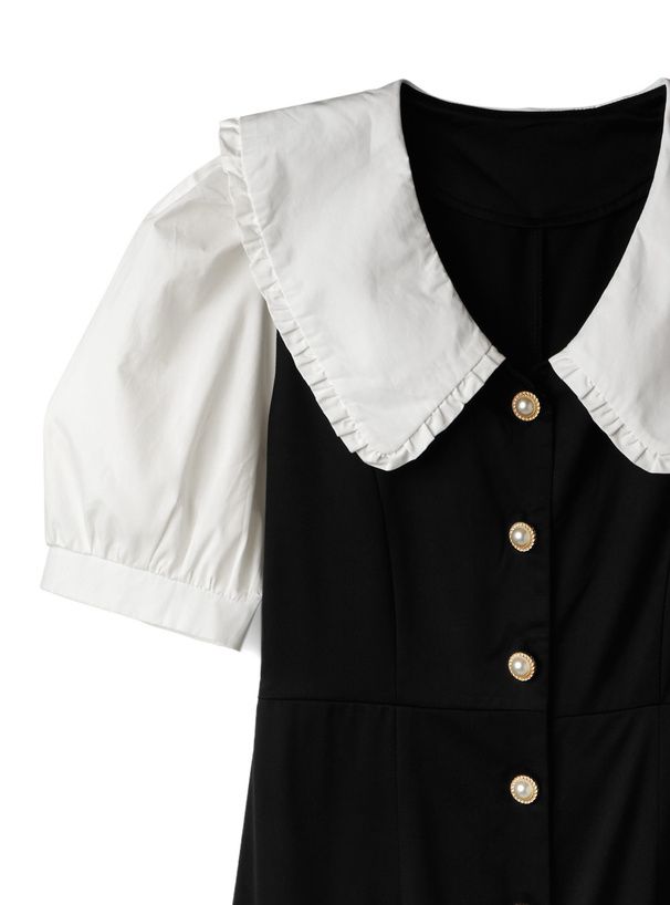 日本 GRL - 復古蕾絲領泡泡袖排扣洋裝-典雅黑