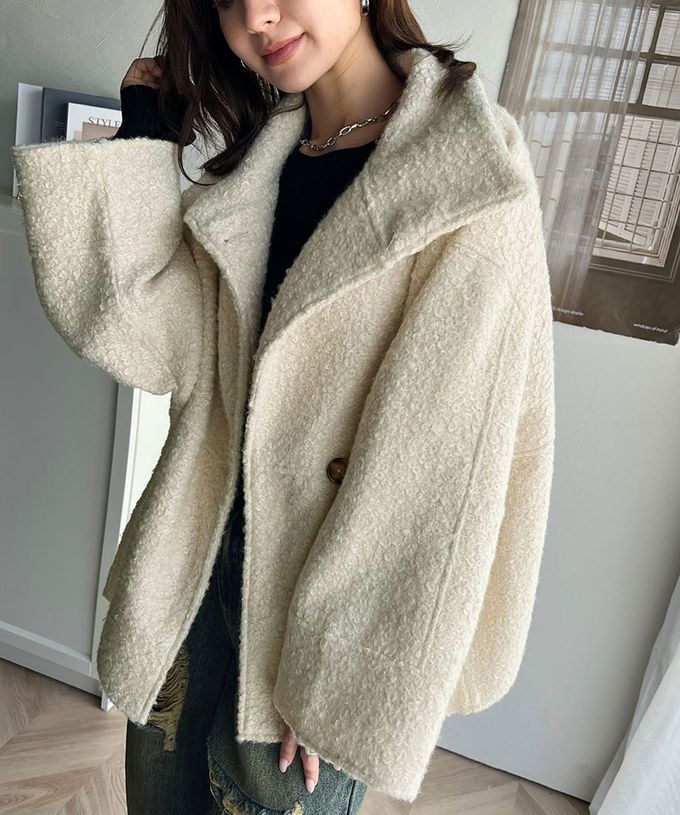 日本 Classical Elf - 玳帽扣時尚立領廓形毛絨大衣-炭灰