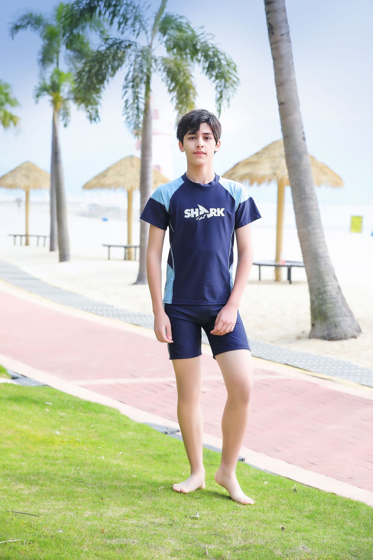 大童男孩短袖泳衣套裝(二件組)-SHARK-黑色-泳衣、泳褲