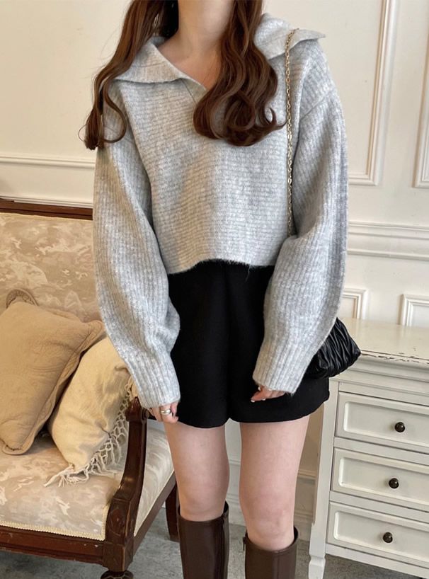 日本 GRL - 小V領畦編短版針織上衣-珊瑚粉 (F)