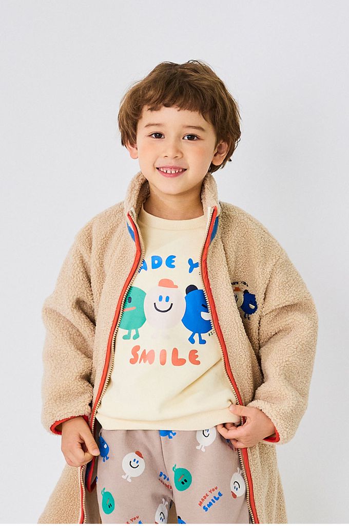 韓國 OZKIZ - 調皮微笑豆豆內磨毛長袖套裝-米白X杏灰