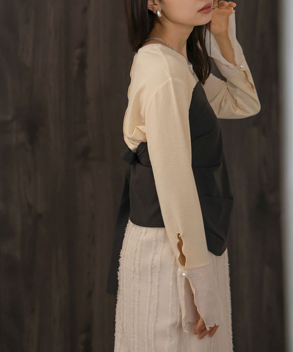 日本 Bab - 楊柳拼接珍珠薄長袖上衣-米杏