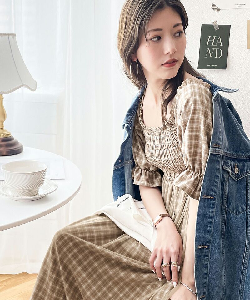 日本 Classical Elf - 歐風文藝泡泡袖紗拼接洋裝-格紋-草綠