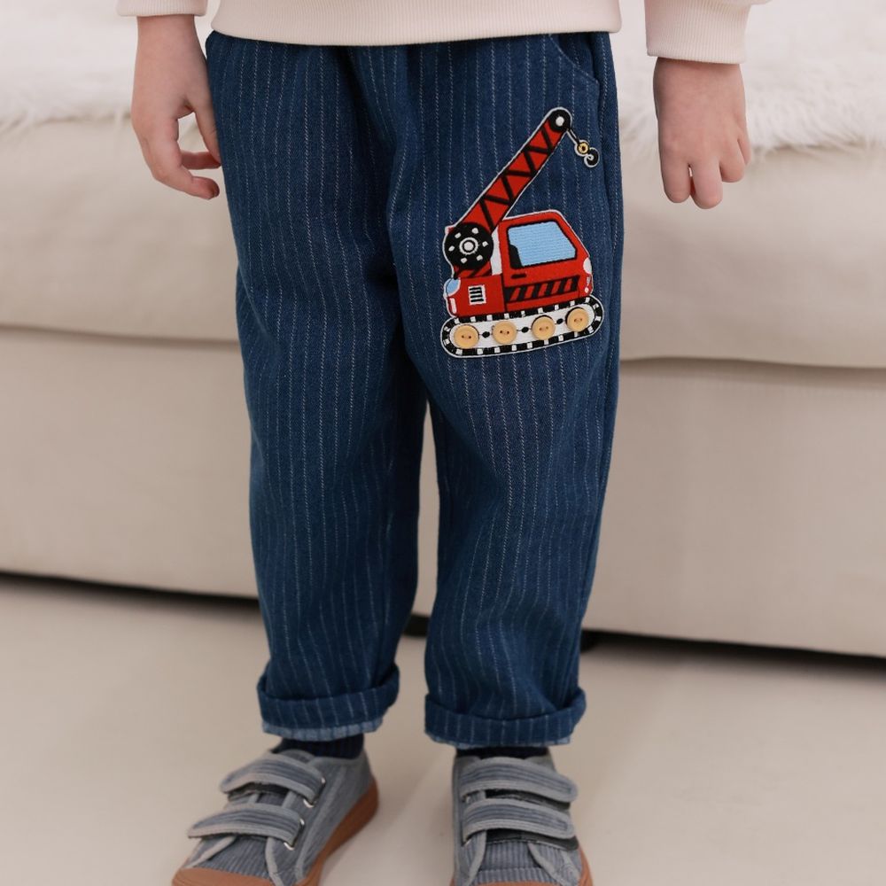 Coco rabbit (內磨毛)鬆緊腰直紋丹寧褲-紅色吊車