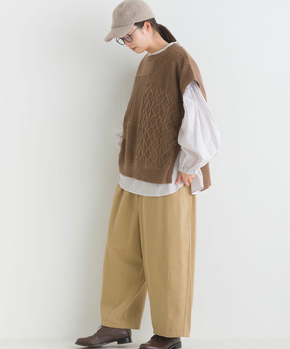 日本女裝代購 - 圓領編織紋拼接針織背心-咖啡