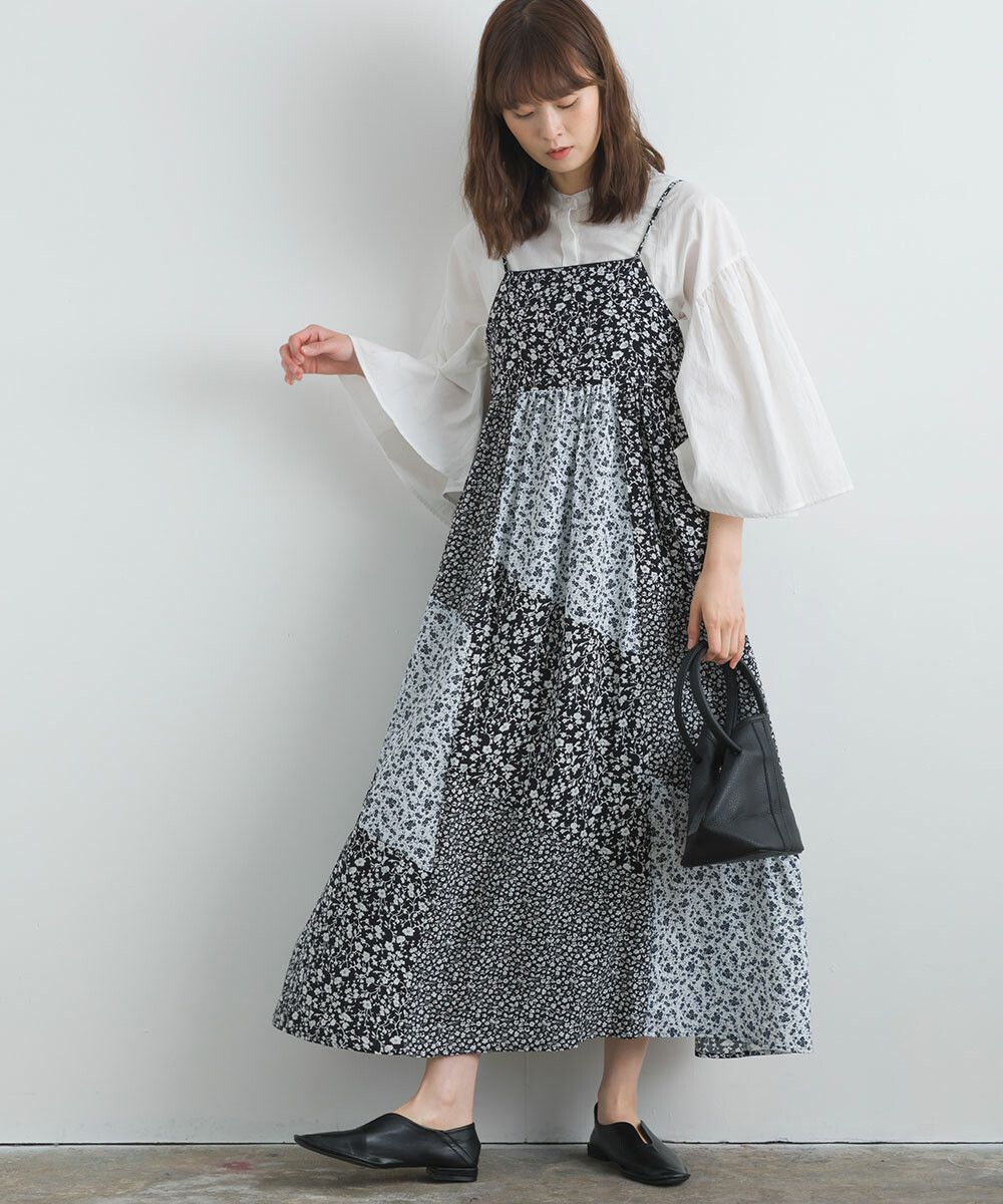 日本女裝代購 - 質感碎花拼接吊帶裙/洋裝-經典黑