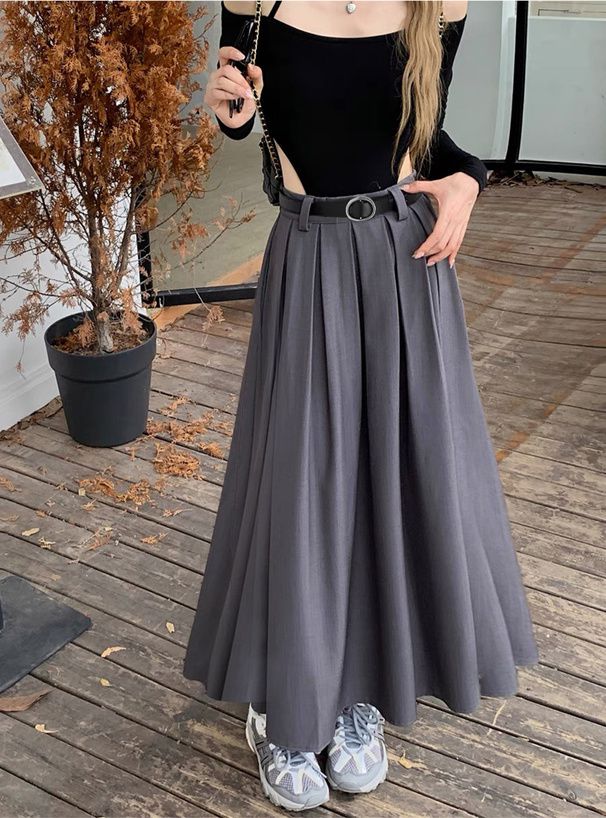 日本 GRL - 修身美型百摺長裙(附腰帶)-深灰 (M)