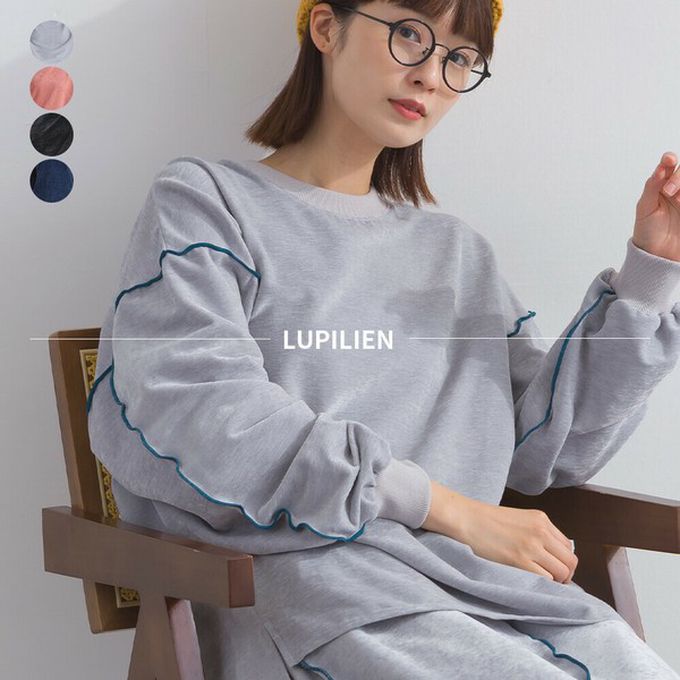 日本 Lupilien - 木耳縫線休閒絨面長袖上衣-海軍藍