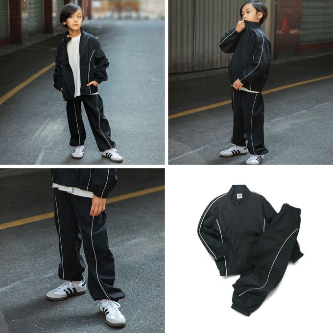 日本 BRANSHES - 線條滾邊輕便休閒尼龍長褲-黑x白