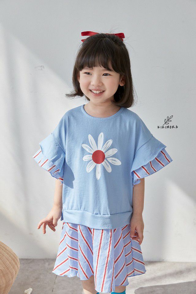 韓國 kikimora - 假兩件條紋花朵洋裝-藍