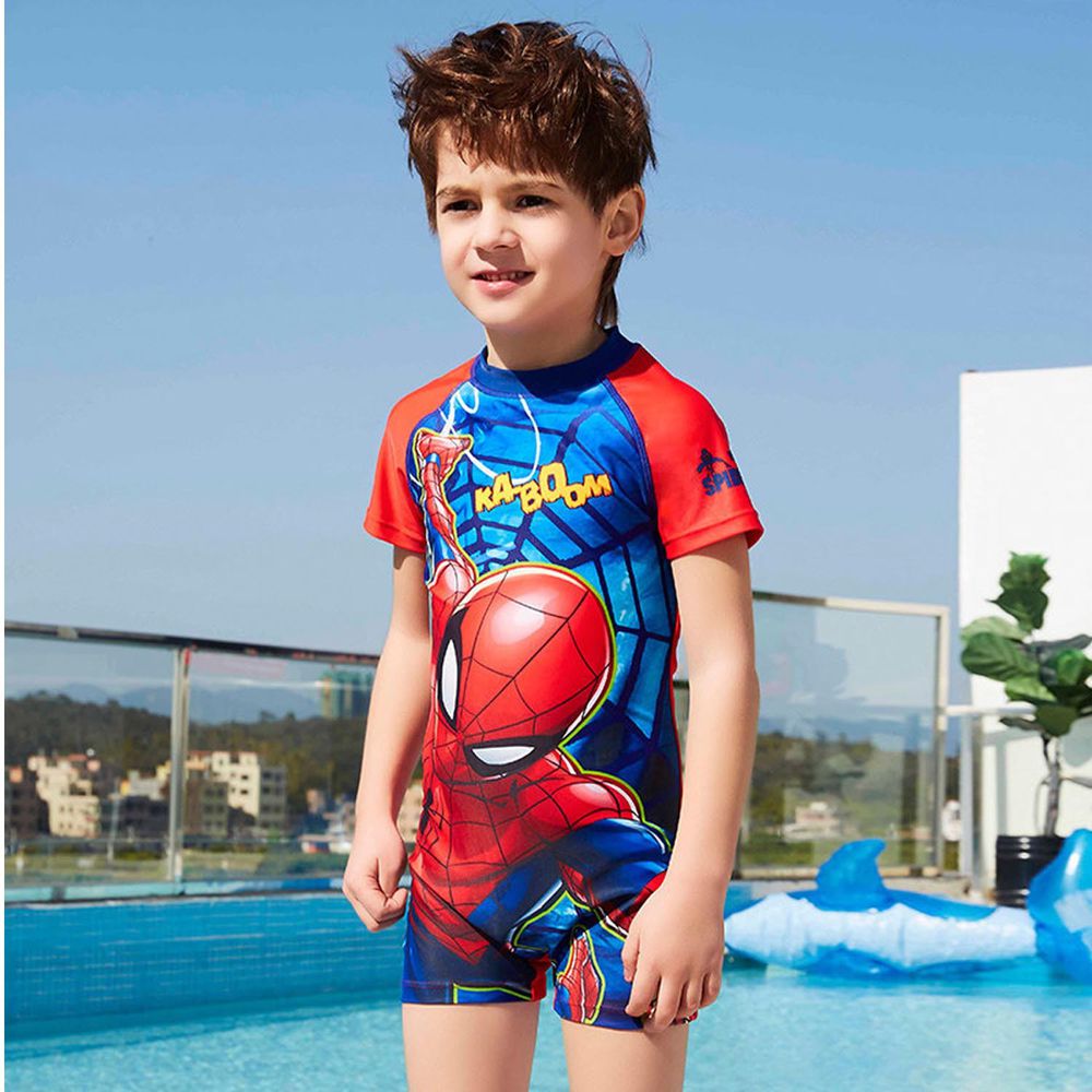 男寶短袖連身泳裝-蜘蛛人-紅+藍