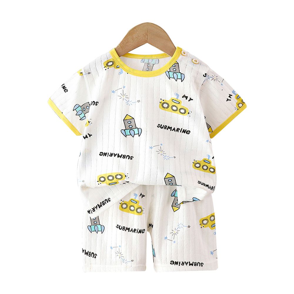 薄款純棉短袖套裝 兒童短袖睡衣 短褲童裝組-白底火箭