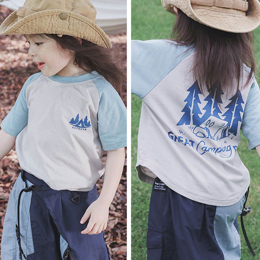 棉質圓領短袖上衣-山中露營-拼袖灰杏