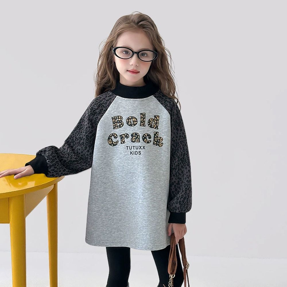 加絨中長版長袖上衣/大學T-豹紋-灰色