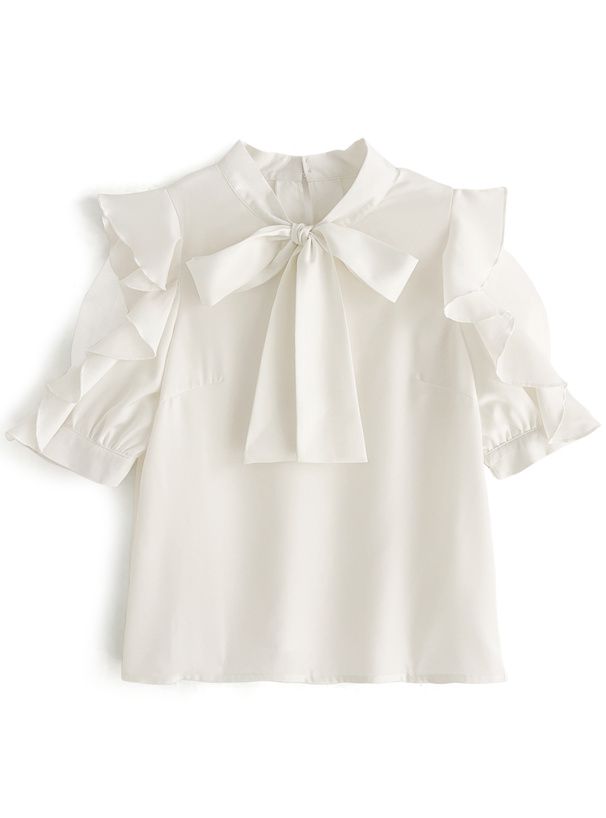日本 GRL - 優雅紐結荷葉五分袖上衣-天使白