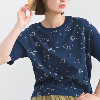 日本 Lupilien - 唯美刺繡舒適棉短袖上衣-星座-海軍藍