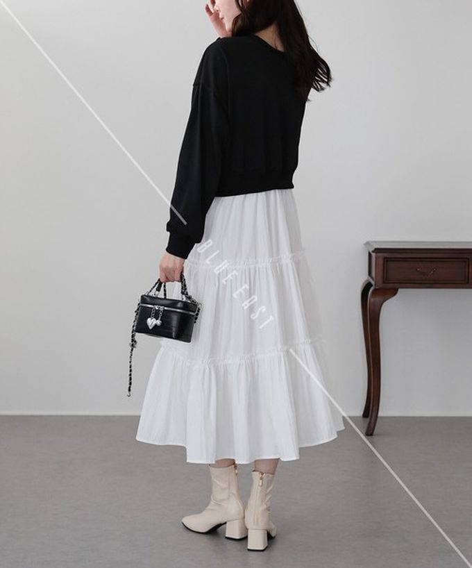 日本 BLUE EAST - 俏麗假二件分層澎盈長袖洋裝-淺灰 (M)