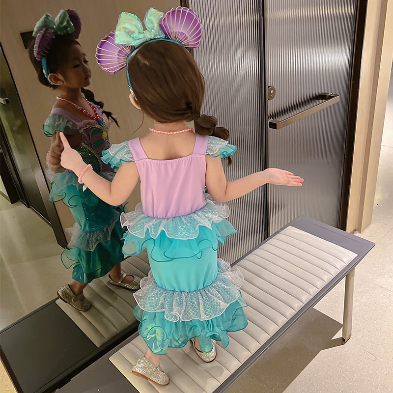 無袖造型萌萌連身公主裙-卡通人物-美人魚-藍綠+紫