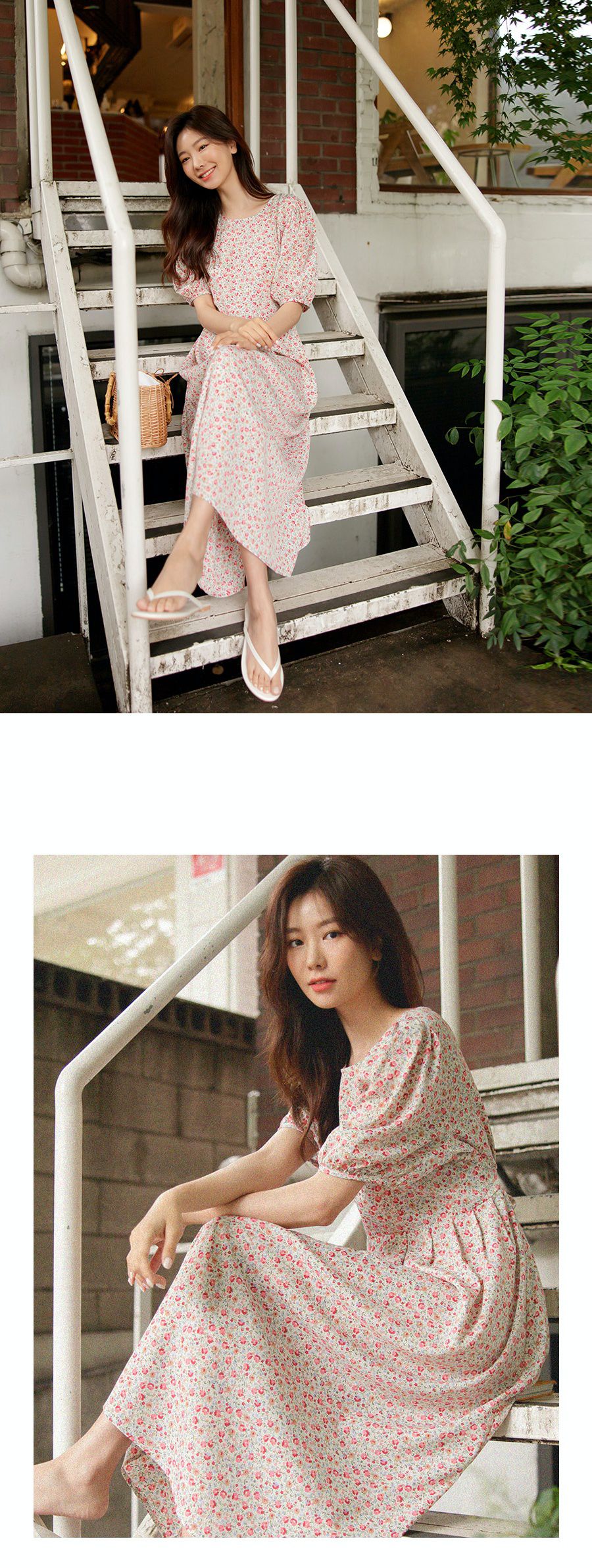 韓國 Urbantheroom - 春日小花朵泡泡袖縮腰長洋裝-天藍 (Free)