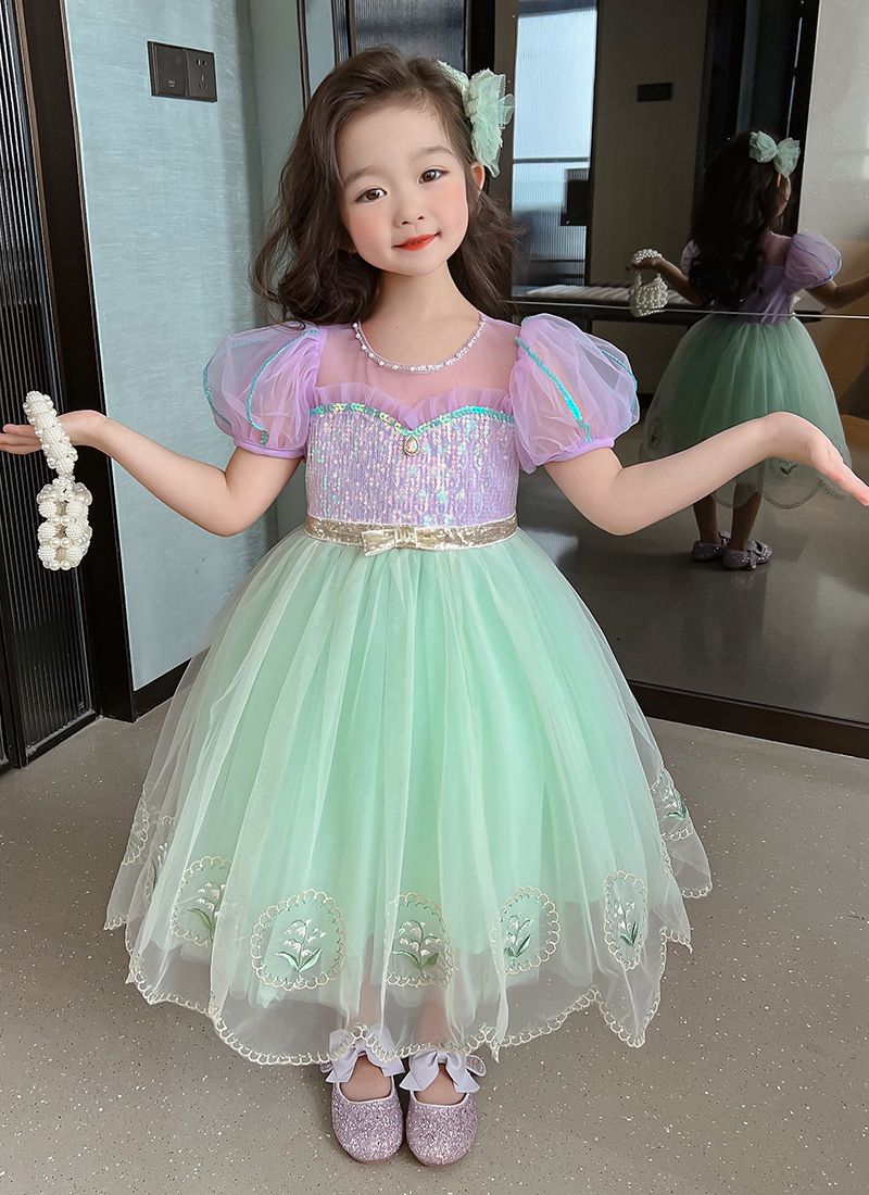 公主風亮晶晶短袖連身裙-美人魚配色-果綠+紫