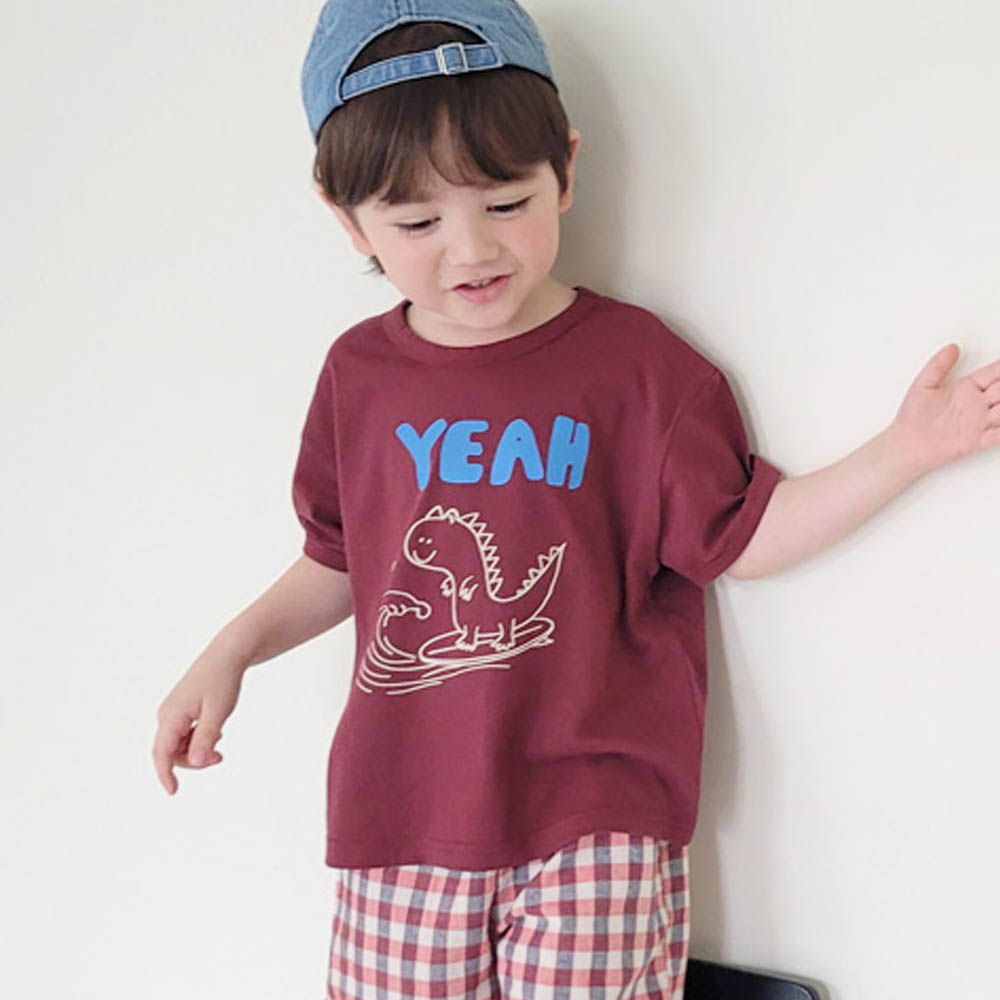 衝浪恐龍印短袖上衣-酒紅