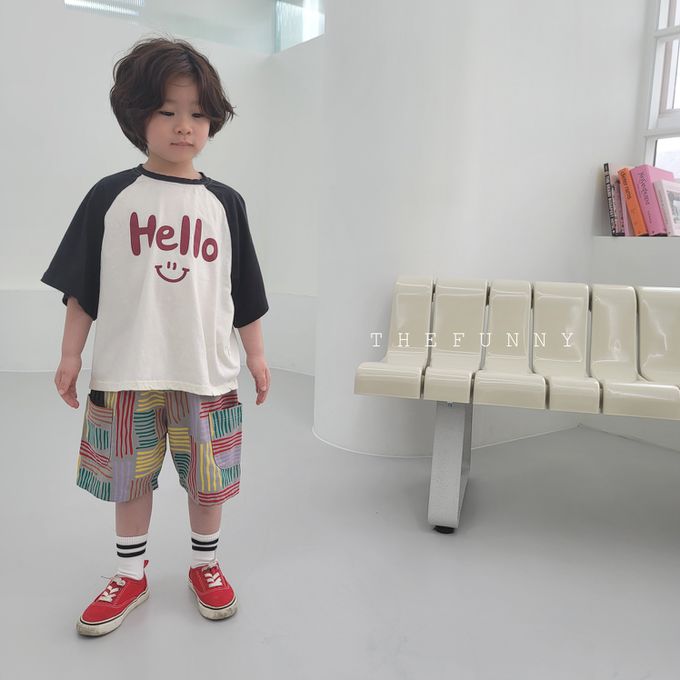 韓國 The Funny - Hello微笑印短袖上衣-米白X紅