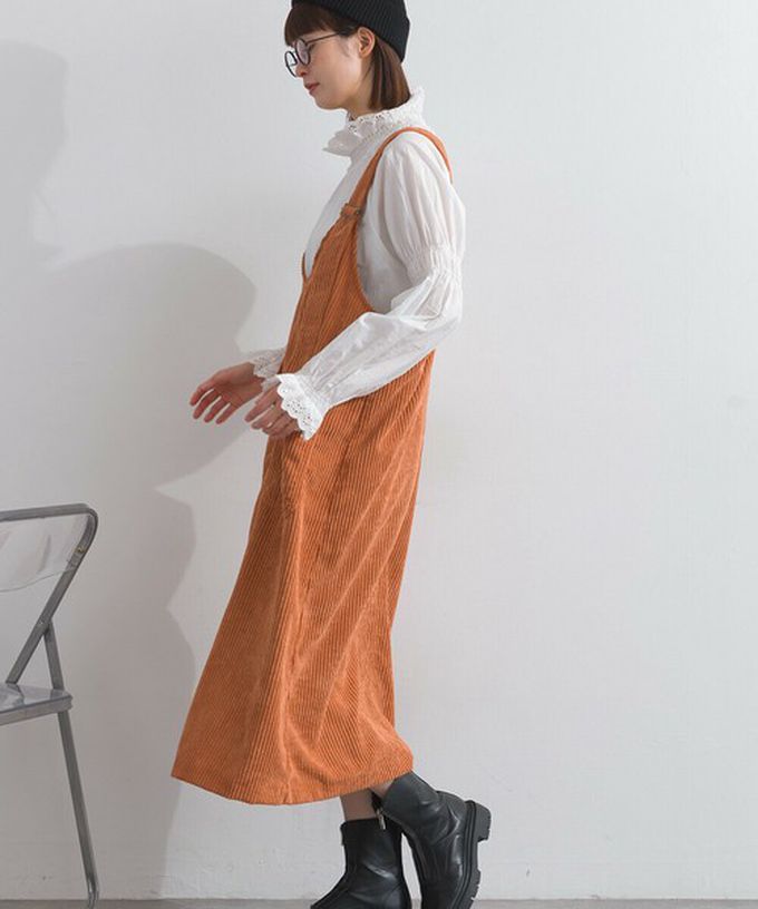 日本 Lupilien - 可愛厚實燈芯絨開叉吊帶裙-橘