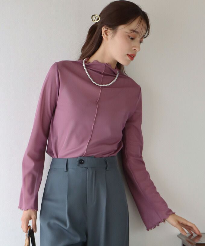 日本 BLUE EAST - 百搭木耳捲邊長袖上衣-白杏