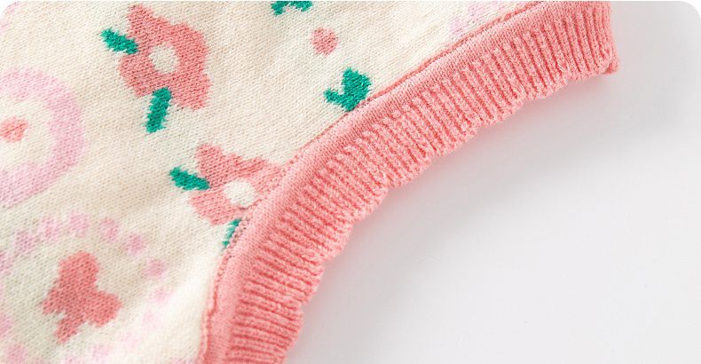 舒適V領百搭針織背心-花花-粉色