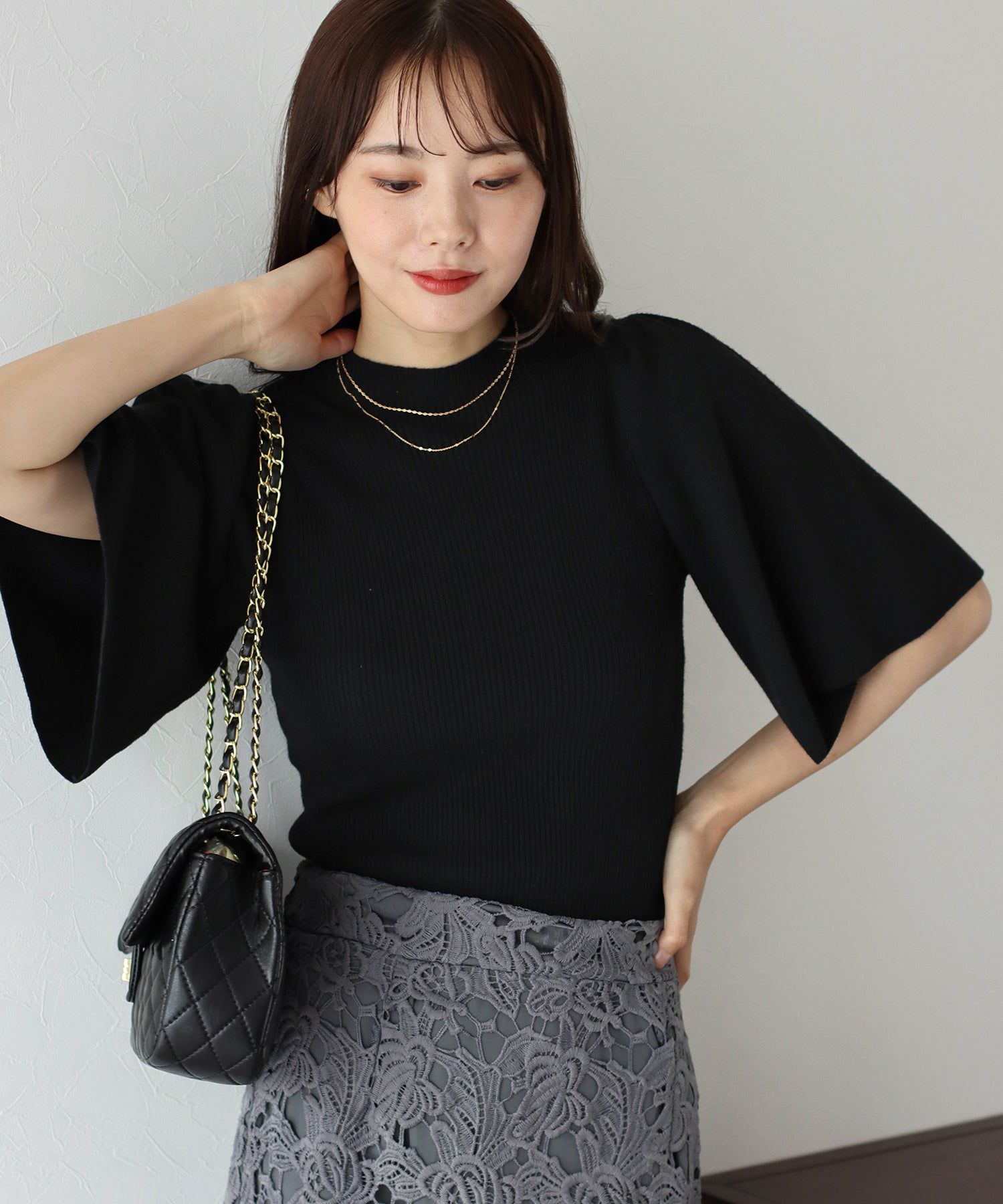 日本 BLUE EAST - 溫柔小立領羅紋五分袖上衣-深綠