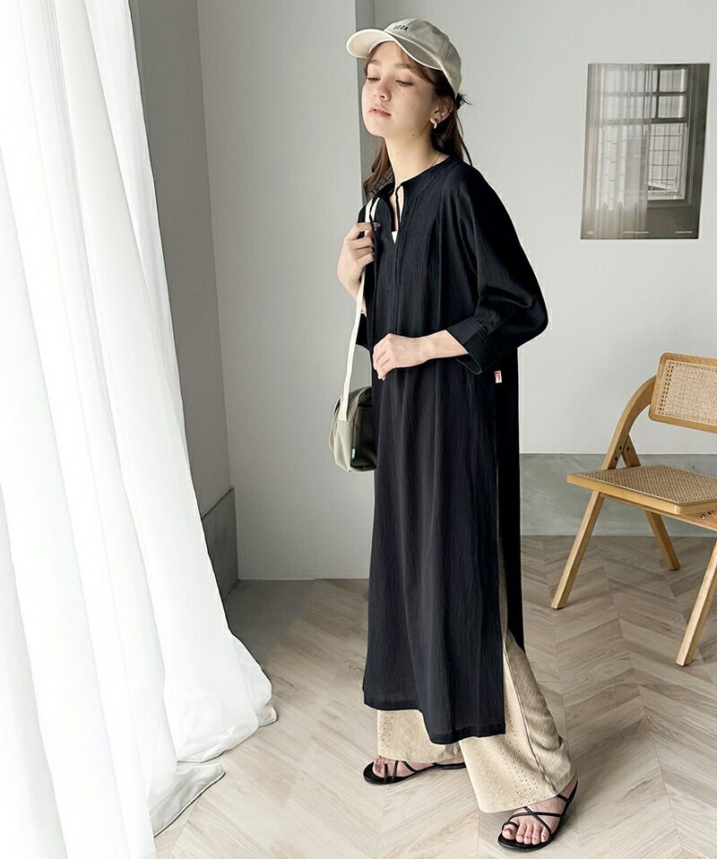 日本 Classical Elf - 透氣楊柳慵懶感開襟長袖洋裝-灰藍