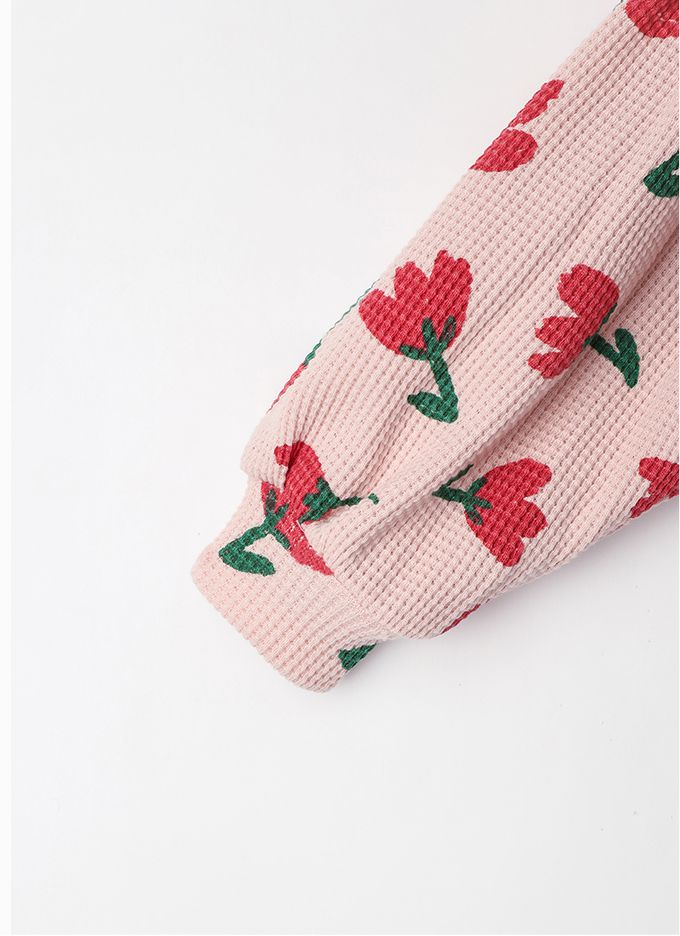 韓國 OZKIZ - 鬱金香鬆餅格紋長袖縮口套裝-紅花